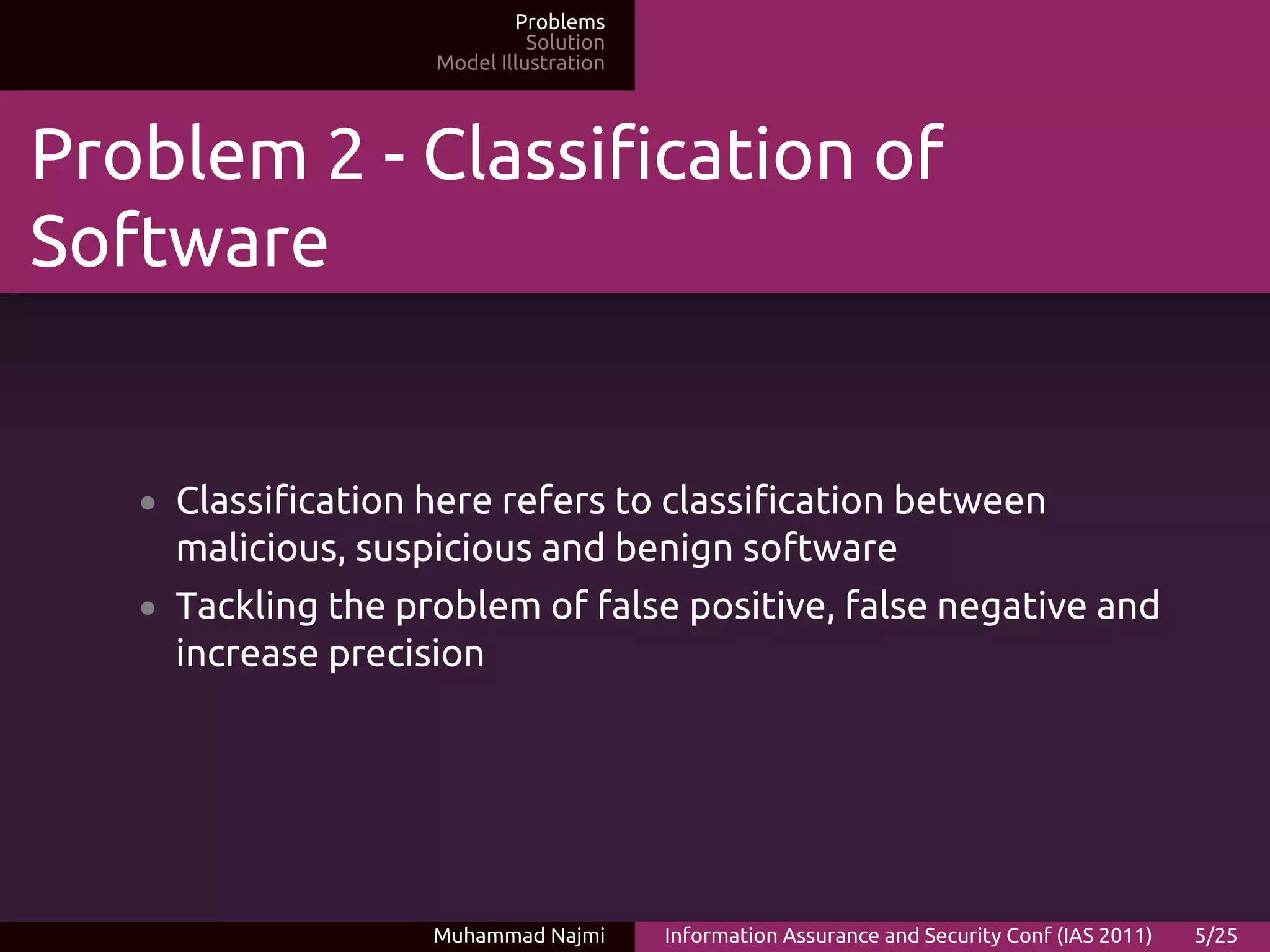 Problems
                              Solution
                    Model Illustration




Problem 2 - Classification of
Software


   • Classification here refers to classification between
     malicious, suspicious and benign software
   • Tackling the problem of false positive, false negative and
     increase precision




                    Muhammad Najmi       Information Assurance and Security Conf (IAS 2011)   5/25
 