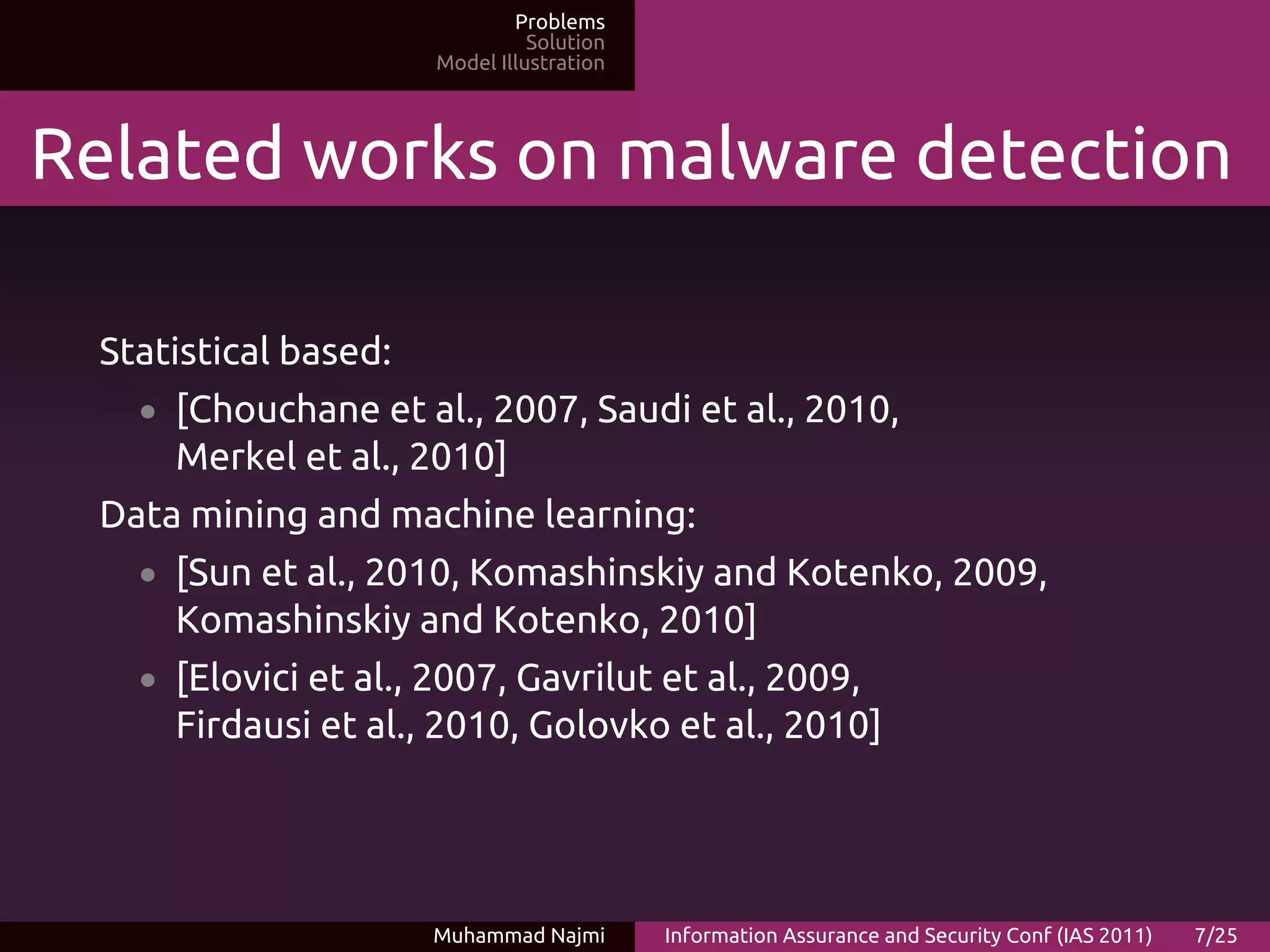 Problems
                                Solution
                      Model Illustration




Related works on malware detection

 Statistical based:
   • [Chouchane et al., 2007, Saudi et al., 2010,
     Merkel et al., 2010]
 Data mining and machine learning:
   • [Sun et al., 2010, Komashinskiy and Kotenko, 2009,
     Komashinskiy and Kotenko, 2010]
   • [Elovici et al., 2007, Gavrilut et al., 2009,
     Firdausi et al., 2010, Golovko et al., 2010]




                      Muhammad Najmi       Information Assurance and Security Conf (IAS 2011)   7/25
 