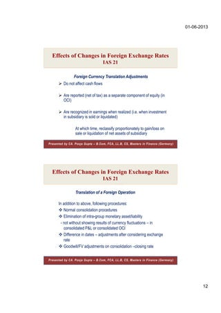01-06-2013
12
 Do not affect cash flows
 Are reported (net of tax) as a separate component of equity (in
OCI)
 Are recognized in earnings when realized (i.e. when investment
in subsidiary is sold or liquidated)
 At which time, reclassify proportionately to gain/loss on
sale or liquidation of net assets of subsidiary
Foreign Currency Translation Adjustments
Effects of Changes in Foreign Exchange Rates
IAS 21
Presented by CA. Pooja Gupta – B.Com, FCA, LL.B, CS, Masters in Finance (Germany)
In addition to above, following procedures:
 Normal consolidation procedures
 Elimination of intra-group monetary asset/liability
- not without showing results of currency fluctuations – in
consolidated P&L or consolidated OCI
 Difference in dates – adjustments after considering exchange
rate
 Goodwill/FV adjustments on consolidation –closing rate
Translation of a Foreign Operation
Effects of Changes in Foreign Exchange Rates
IAS 21
Presented by CA. Pooja Gupta – B.Com, FCA, LL.B, CS, Masters in Finance (Germany)
 