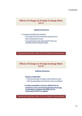 01-06-2013
13
 Exchange rate differences included in:
 P/L (except for financial instruments measured at FV)
 Other comprehensive income
 In accounting policy note disclose that P/L items are
translated at rate at transaction dates
Significant Disclosures
Effects of Changes in Foreign Exchange Rates
IAS 21
Presented by CA. Pooja Gupta – B.Com, FCA, LL.B, CS, Masters in Finance (Germany)
Reasons (if applicable):
 Why there has been a change in the functional currency
 Why the presentation and functional currency are different
If entity’s presentation currency is different from its
functional currency, its financial statements should only
be described as compliant with IFRSs if all the
requirements of IAS 21 are applied
Additional disclosures
Effects of Changes in Foreign Exchange Rates
IAS 21
Presented by CA. Pooja Gupta – B.Com, FCA, LL.B, CS, Masters in Finance (Germany)
 
