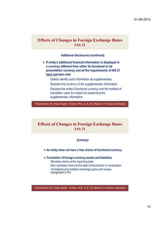 01-06-2013
14
 If entity’s additional financial information is displayed in
a currency different from either its functional or its
presentation currency and all the requirements of IAS 21
have not been met:
 Clearly identify such information as supplementary
 Disclose the currency of the supplementary information
 Disclose the entity’s functional currency and the method of
translation used as a basis for presenting the
supplementary information
Additional disclosures (continued)
Effects of Changes in Foreign Exchange Rates
IAS 21
Presented by CA. Pooja Gupta – B.Com, FCA, LL.B, CS, Masters in Finance (Germany)
An entity does not have a free choice of functional currency
Translation of foreign currency assets and liabilities
 Monetary items at the reporting date’
 Non-monetary items at the date of transaction or revaluation
 Unrealized and realized exchange gains and losses
recognized in P/L
Summary
Effects of Changes in Foreign Exchange Rates
IAS 21
Presented by CA. Pooja Gupta – B.Com, FCA, LL.B, CS, Masters in Finance (Germany)
 