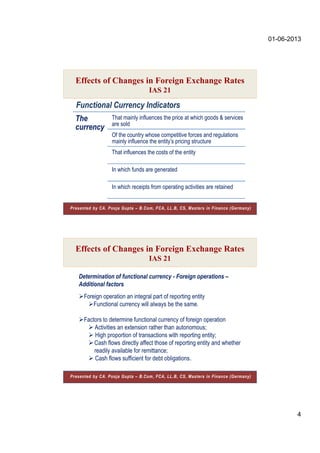 01-06-2013
4
Effects of Changes in Foreign Exchange Rates
IAS 21
Presented by CA. Pooja Gupta – B.Com, FCA, LL.B, CS, Masters in Finance (Germany)
The
currency
That mainly influences the price at which goods & services
are sold
Of the country whose competitive forces and regulations
mainly influence the entity’s pricing structure
That influences the costs of the entity
In which funds are generated
In which receipts from operating activities are retained
Functional Currency Indicators
Determination of functional currency - Foreign operations –
Additional factors
Foreign operation an integral part of reporting entity
Functional currency will always be the same.
Factors to determine functional currency of foreign operation
 Activities an extension rather than autonomous;
 High proportion of transactions with reporting entity;
Cash flows directly affect those of reporting entity and whether
readily available for remittance;
 Cash flows sufficient for debt obligations.
Effects of Changes in Foreign Exchange Rates
IAS 21
Presented by CA. Pooja Gupta – B.Com, FCA, LL.B, CS, Masters in Finance (Germany)
 