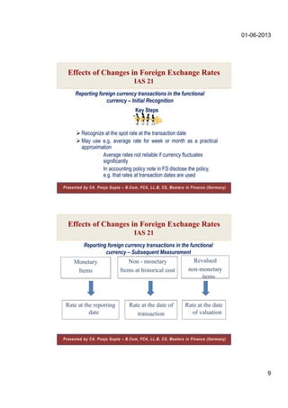01-06-2013
9
Reporting foreign currency transactions in the functional
currency – Initial Recognition
Key Steps
Recognize at the spot rate at the transaction date
May use e.g. average rate for week or month as a practical
approximation
 Average rates not reliable if currency fluctuates
significantly
 In accounting policy note in FS disclose the policy,
e.g. that rates at transaction dates are used
Effects of Changes in Foreign Exchange Rates
IAS 21
Presented by CA. Pooja Gupta – B.Com, FCA, LL.B, CS, Masters in Finance (Germany)
Reporting foreign currency transactions in the functional
currency – Subsequent Measurement
Monetary
Items
Non - monetary
Items at historical cost
Revalued
non-monetary
items
Rate at the reporting
date
Rate at the date of
transaction
Rate at the date
of valuation
Effects of Changes in Foreign Exchange Rates
IAS 21
Presented by CA. Pooja Gupta – B.Com, FCA, LL.B, CS, Masters in Finance (Germany)
 