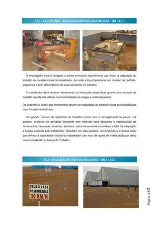 A5.5 - ERGONOMIA - BANCADAS MÓVEIS PARA OFICINA - NR 31.10




  O empregador rural é obrigado a adotar princípios ergonômicos que visem à adaptação do
trabalho às características do trabalhador, de modo a lhe proporcionar um máximo de conforto,
segurança e bom desempenho de suas atividades no trabalho.

  O trabalhador deve receber treinamento ou instruções específicas quanto aos métodos de
trabalho que deverá utilizar na movimentação de cargas e material pesado.

Os assentos e cabos das ferramentas devem ser adaptados as características psicofisiológicas
(tipo físico) do trabalhador.

  Um grande número de acidentes do trabalho ocorre com o carregamento de pesos, má
postura, exercício de atividade constante sem intervalo para descanso e inadequação de
ferramentas, bancadas, assentos, teclados, cabos de enxadas e similares e falta de adaptação
a função exercida pelo trabalhador. Resultam em dias parados, má produção e eventual lesão
que diminui a capacidade laboral do trabalhador com risco de ações de indenização por dano
moral e material na Justiça do Trabalho.




                  A5.6 - SINALIZAÇÃO DAS VIAS DE ACESSO - NR 31.15.3
                                                                                                o
                                                                                                Página A.1
 