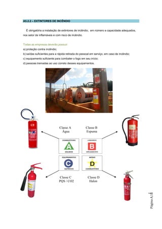 A5.2.2 – EXTINTORES DE INCÊNDIO


  É obrigatória a instalação de extintores de incêndio, em número e capacidade adequados,
nos setor de inflamáveis e com risco de incêndio.


Todas as empresas deverão possuir:
a) proteção contra incêndio;
b) saídas suficientes para a rápida retirada do pessoal em serviço, em caso de incêndio;
c) equipamento suficiente para combater o fogo em seu início;
d) pessoas treinadas ao uso correto desses equipamentos.




                               Classe A             Classe B
                                 Água               Espuma




                               Classe C              Classe D
                               PQS / CO2              Halon
                                                                                            i
                                                                                            Página A.1
 