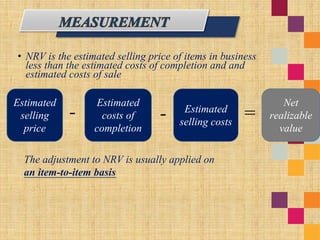 • NRV is the estimated selling price of items in business
less than the estimated costs of completion and and
estimated costs of sale
Estimated
selling
price
Estimated
costs of
completion
Estimated
selling costs
Net
realizable
value
- - =
The adjustment to NRV is usually applied on
an item-to-item basis
 