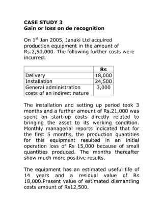 CASE STUDY 3
Gain or loss on de recognition

On 1st Jan 2005, Janaki Ltd acquired
production equipment in the amount of
Rs.2,50,000. The following further costs were
incurred:

                                Rs
Delivery                      18,000
Installation                  24,500
General administration         3,000
costs of an indirect nature

The installation and setting up period took 3
months and a further amount of Rs.21,000 was
spent on start-up costs directly related to
bringing the asset to its working condition.
Monthly managerial reports indicated that for
the first 5 months, the production quantities
for this equipment resulted in an initial
operation loss of Rs 15,000 because of small
quantities produced. The months thereafter
show much more positive results.

The equipment has an estimated useful life of
14 years and a residual value of Rs
18,000.Present value of estimated dismantling
costs amount of Rs12,500.
 