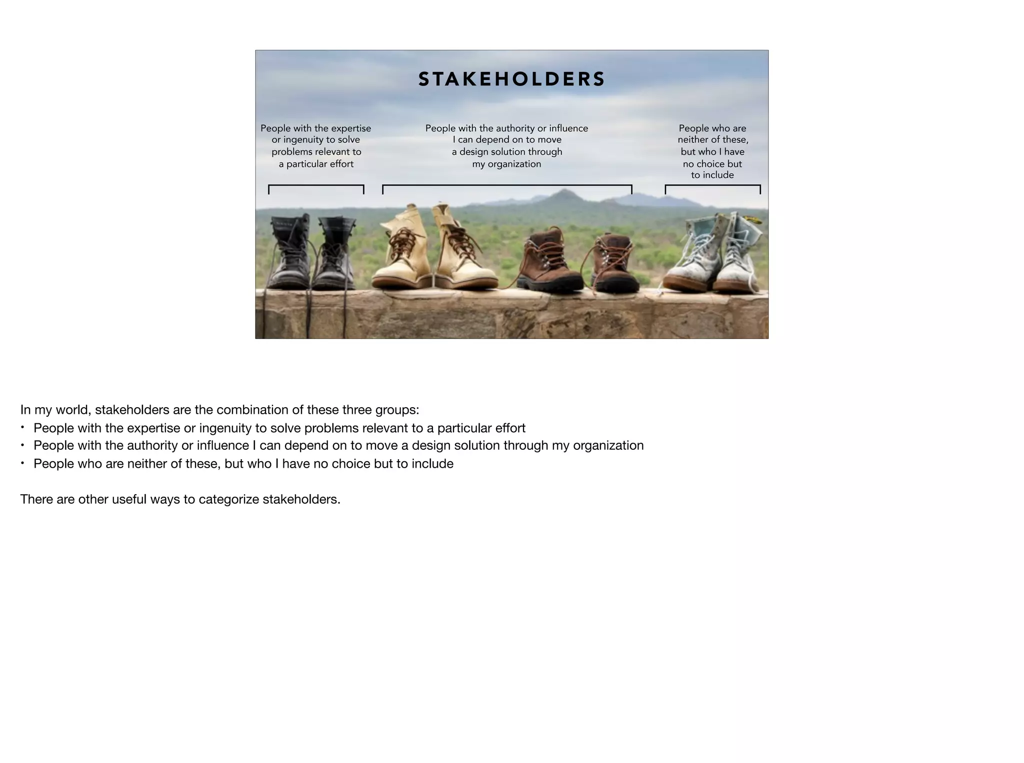 People with the expertise
or ingenuity to solve
problems relevant to
a particular effort
People with the authority or influence
I can depend on to move
a design solution through
my organization
People who are
neither of these,
but who I have
no choice but
to include
S TA K E H O L D E R S
In my world, stakeholders are the combination of these three groups:

• People with the expertise or ingenuity to solve problems relevant to a particular eﬀort

• People with the authority or inﬂuence I can depend on to move a design solution through my organization

• People who are neither of these, but who I have no choice but to include

There are other useful ways to categorize stakeholders. 

 