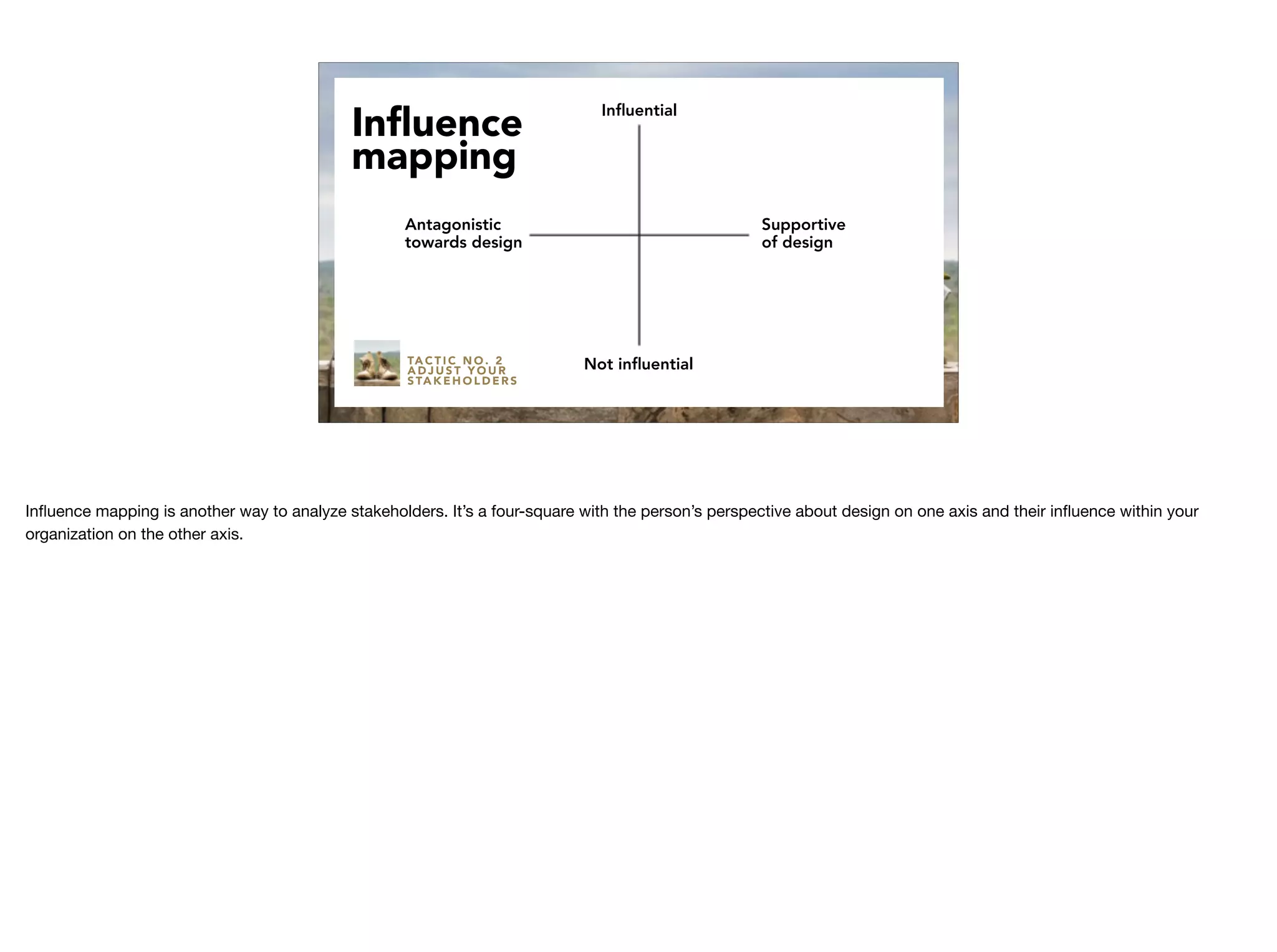 Antagonistic
towards design
Supportive
of design
Inﬂuential
Not inﬂuential
Inﬂuence
mapping
TA C T I C N O . 2
A D J U S T Y O U R
S TA K E H O L D E R S
Inﬂuence mapping is another way to analyze stakeholders. It’s a four-square with the person’s perspective about design on one axis and their inﬂuence within your
organization on the other axis.
 
