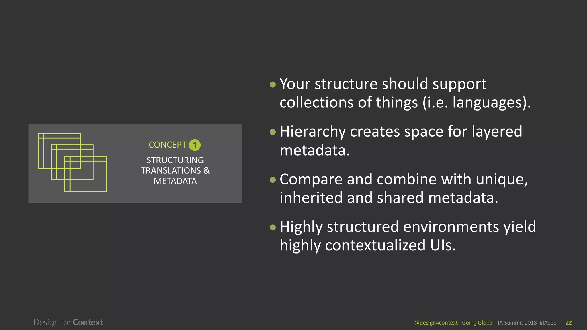 @design4context			Going	Global	 IA	Summit	2018		#IAS18 22
● Your	structure	should	support		
collections	of	things	(i.e.	languages).	
● Hierarchy	creates	space	for	layered		
metadata.	
● Compare	and	combine	with	unique,	
inherited	and	shared	metadata.
● Highly	structured	environments	yield	
highly	contextualized	UIs.	
STRUCTURING	
TRANSLATIONS	&	
METADATA
CONCEPT	 1
 