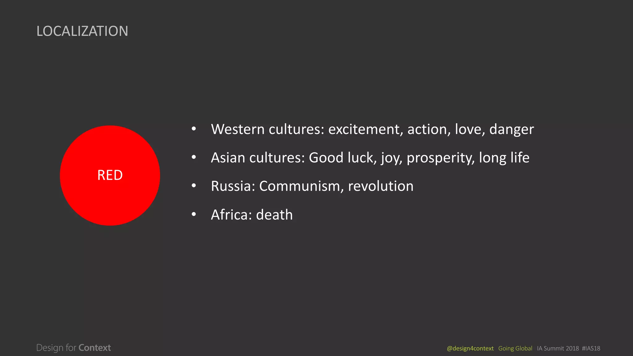 @design4context			Going	Global			IA	Summit	2018		#IAS18
LOCALIZATION	
RED
• Western	cultures:	excitement,	action,	love,	danger
• Asian	cultures:	Good	luck,	joy,	prosperity,	long	life	
• Russia:	Communism,	revolution
• Africa:	death
 