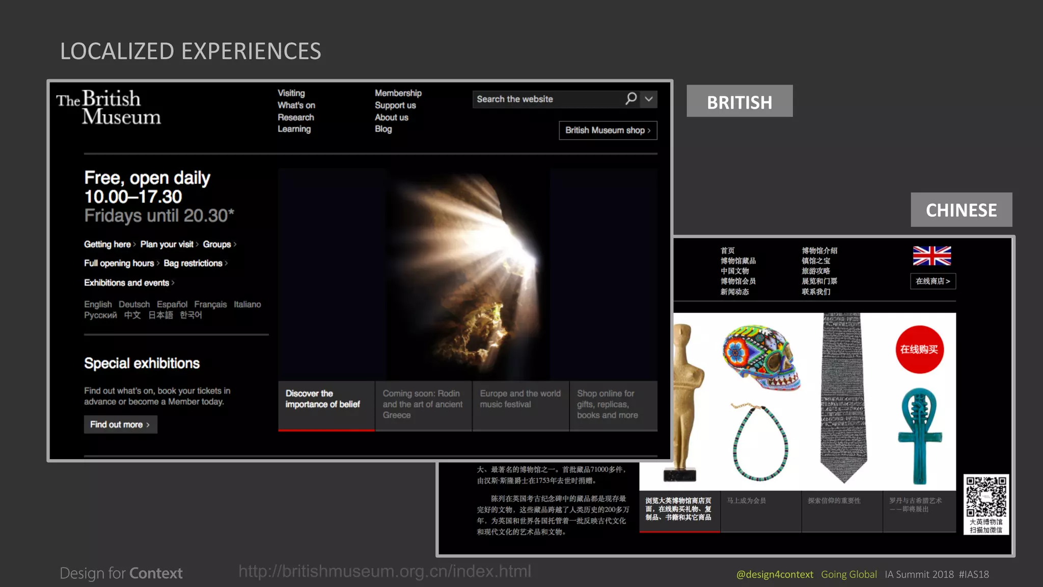 @design4context			Going	Global			IA	Summit	2018		#IAS18http://britishmuseum.org.cn/index.html
LOCALIZED	EXPERIENCES
CHINESE
BRITISH
 