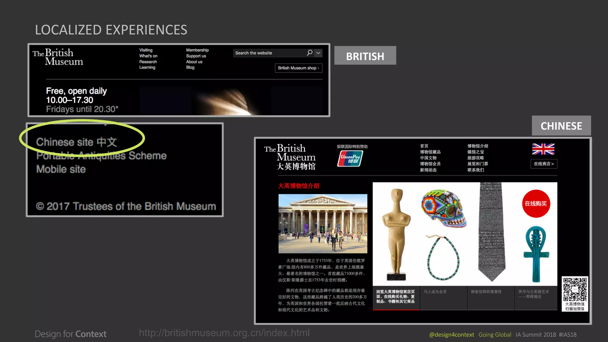 @design4context			Going	Global			IA	Summit	2018		#IAS18http://britishmuseum.org.cn/index.html
LOCALIZED	EXPERIENCES
CHINESE
BRITISH
 