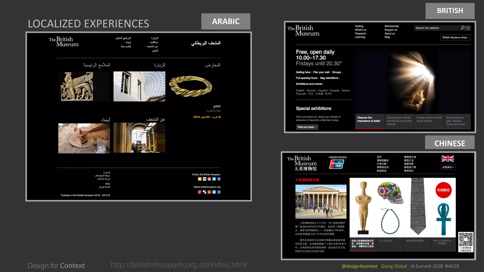 @design4context			Going	Global			IA	Summit	2018		#IAS18http://britishmuseum.org.cn/index.html
LOCALIZED	EXPERIENCES
CHINESE
BRITISH
ARABIC
 