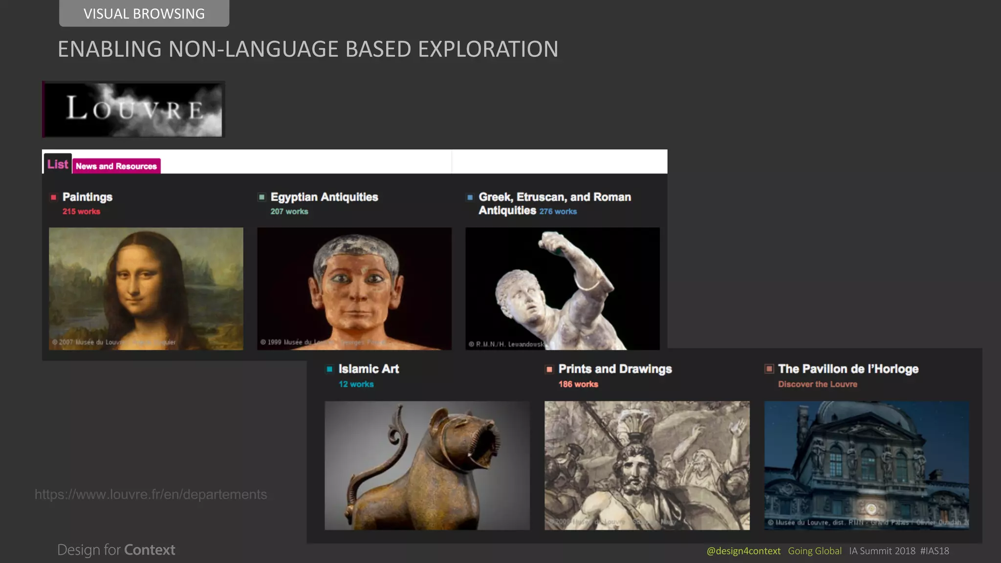 @design4context			Going	Global			IA	Summit	2018		#IAS18
https://www.louvre.fr/en/departements
ENABLING	NON-LANGUAGE	BASED	EXPLORATION
VISUAL	BROWSING
 