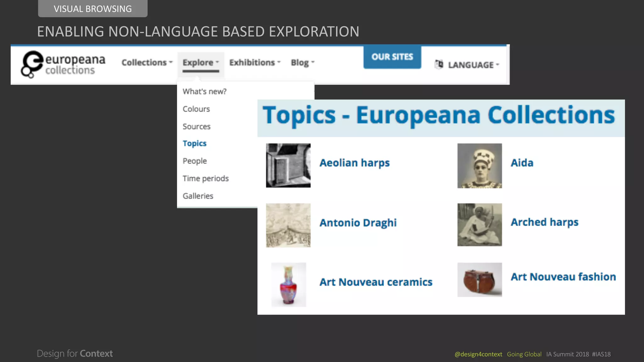 @design4context			Going	Global			IA	Summit	2018		#IAS18
ENABLING	NON-LANGUAGE	BASED	EXPLORATION
VISUAL	BROWSING
 