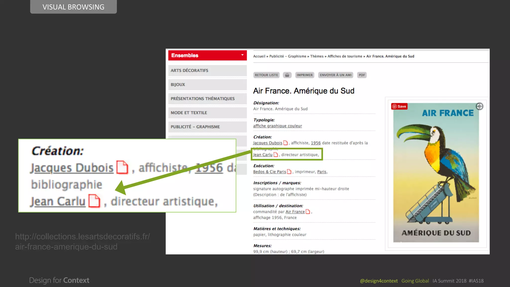 @design4context			Going	Global			IA	Summit	2018		#IAS18
http://collections.lesartsdecoratifs.fr/
air-france-amerique-du-sud
VISUAL	BROWSING
 