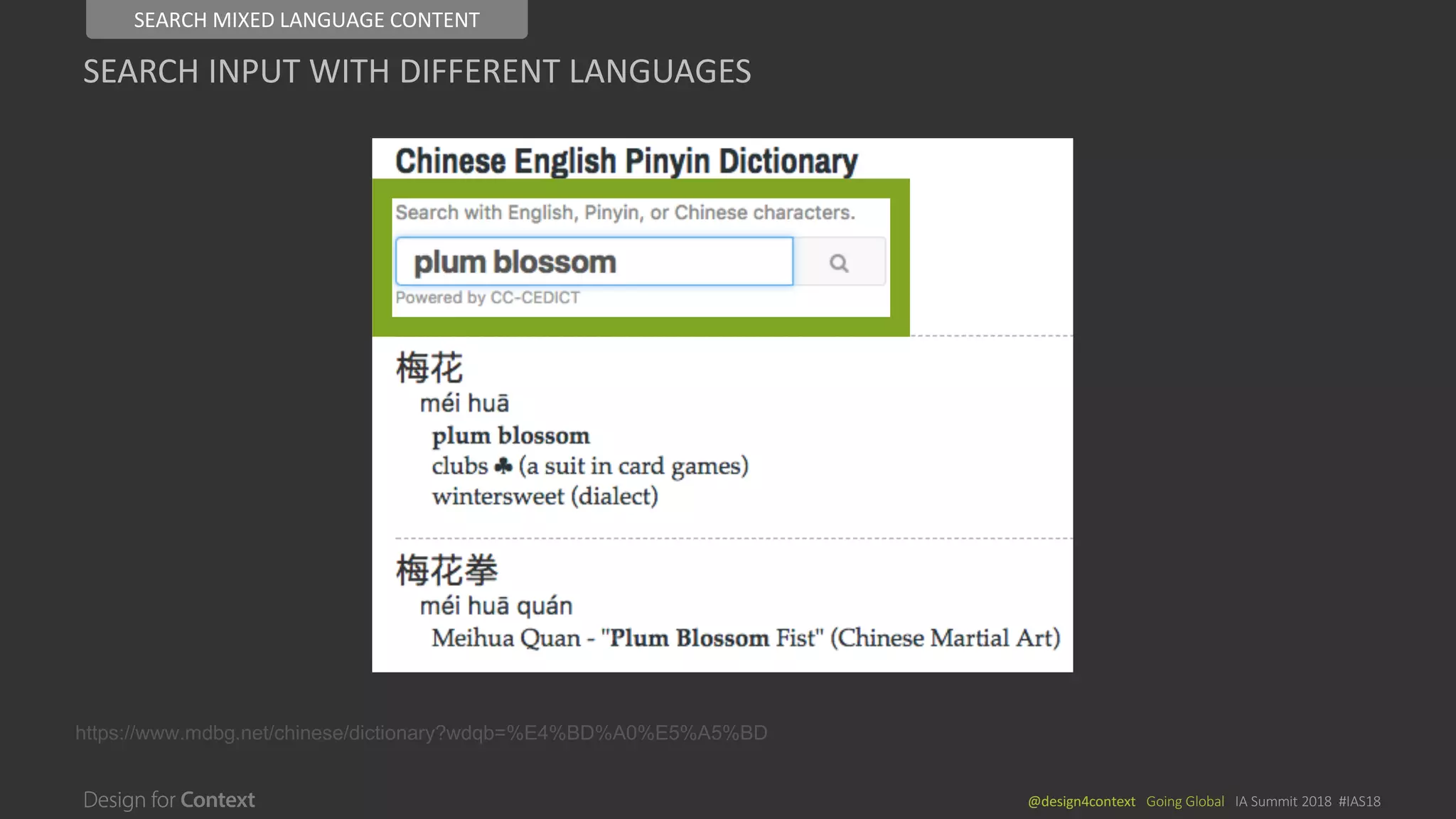 @design4context			Going	Global			IA	Summit	2018		#IAS18
SEARCH	INPUT	WITH	DIFFERENT	LANGUAGES
https://www.mdbg.net/chinese/dictionary?wdqb=%E4%BD%A0%E5%A5%BD
SEARCH	MIXED	LANGUAGE	CONTENT
 