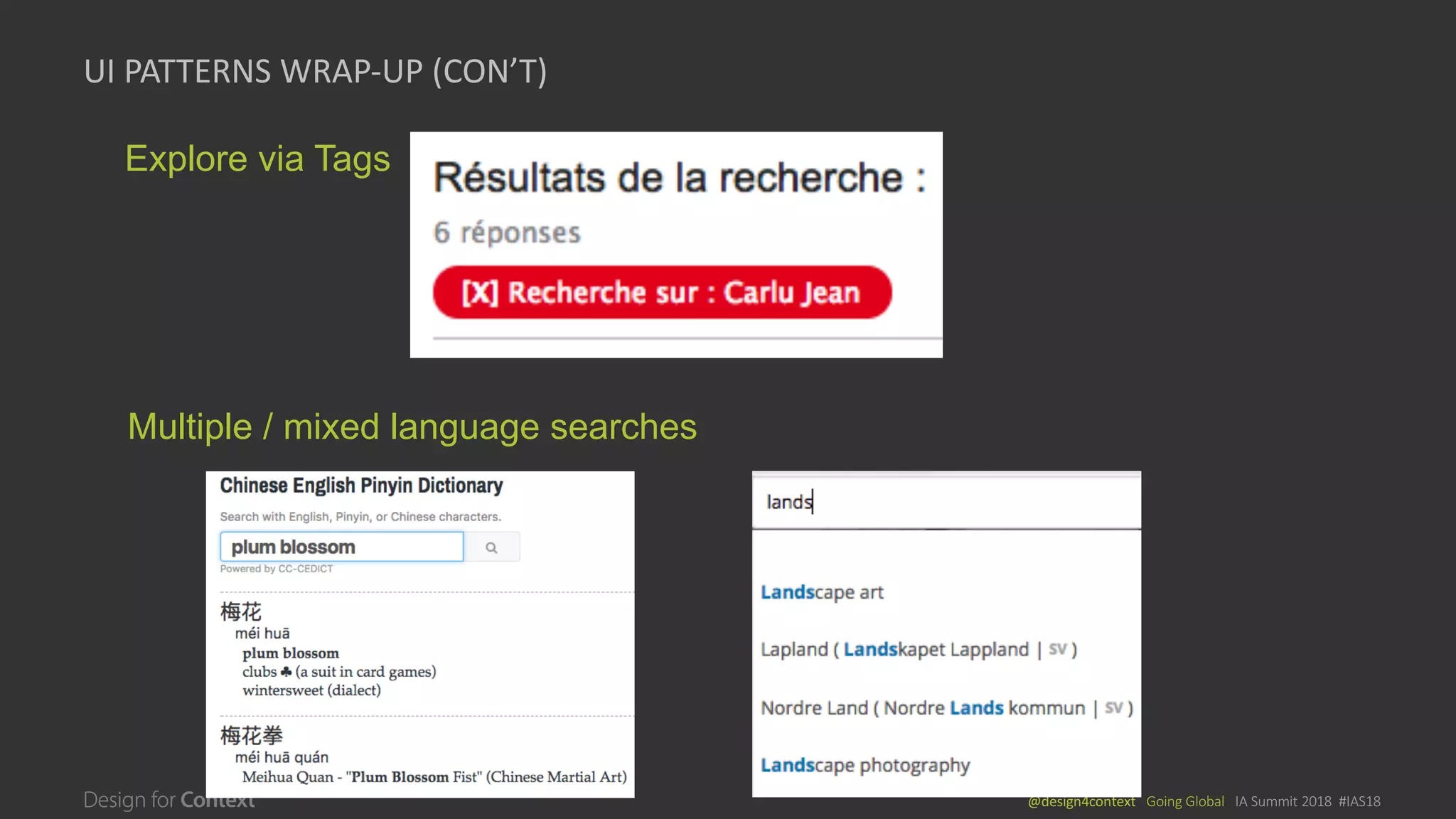 @design4context			Going	Global			IA	Summit	2018		#IAS18
UI PATTERNS	WRAP-UP	(CON’T)
Explore via Tags
Multiple / mixed language searches
 