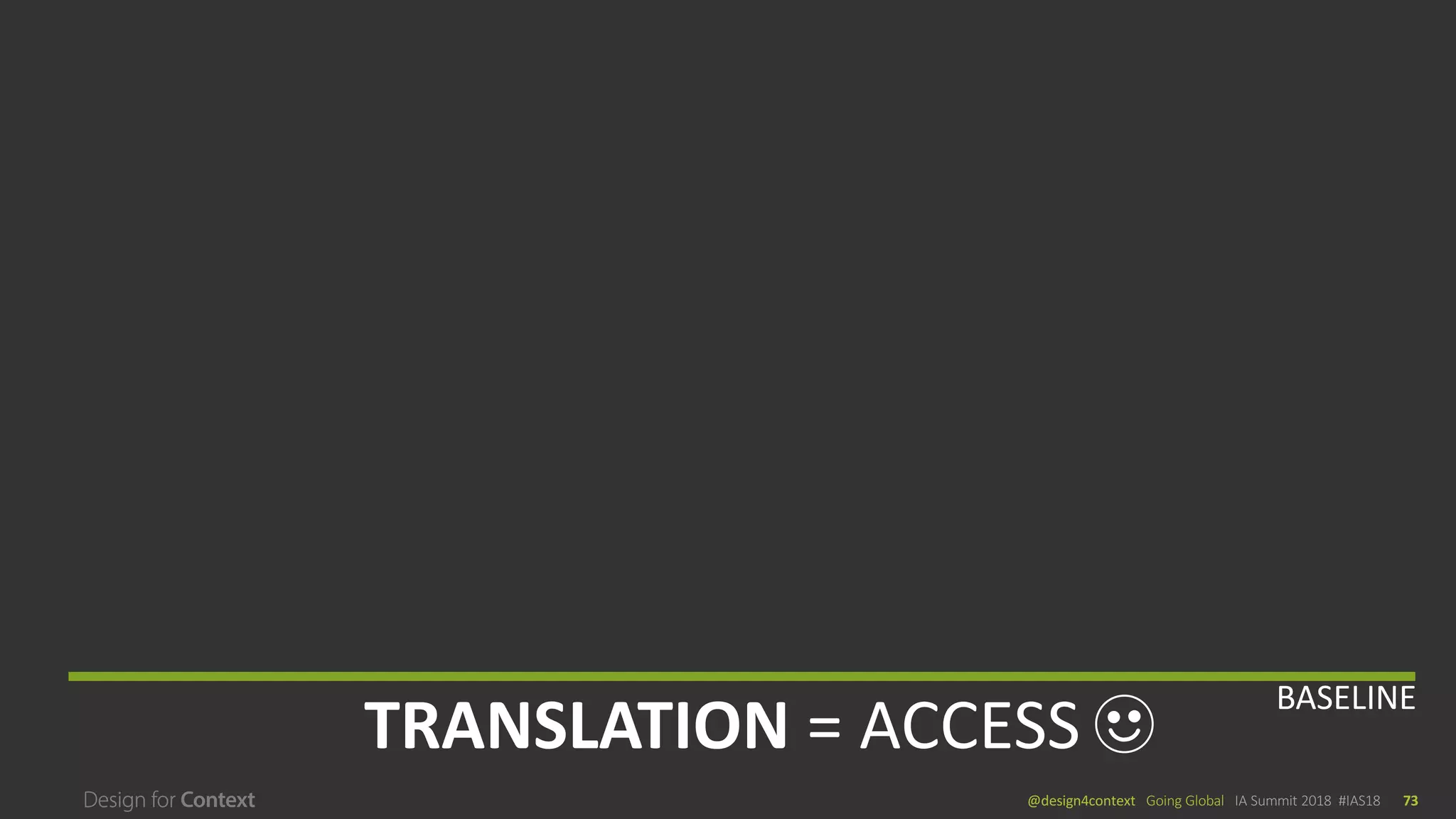 @design4context			Going	Global	 IA	Summit	2018		#IAS18 73
TRANSLATION	=	ACCESS
BASELINE
 