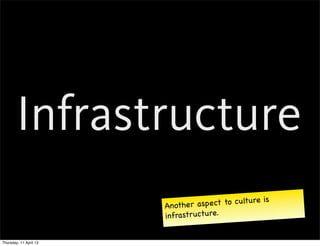Infrastructure
                        Another as pect to culture is
                        infrastructure.


Thursday, 11 April 13
 