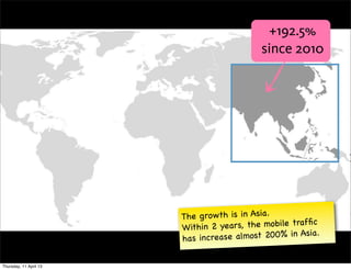 +192.5%
                                           since 2010




                        The growth is in Asia.
                        Within 2  years, the mobile trafﬁc
                        has increase almost 200% in Asia.


Thursday, 11 April 13
 