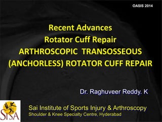 Recent Advances 
Rotator Cuff Repair 
OASIS 2014 
ARTHROSCOPIC TRANSOSSEOUS 
(ANCHORLESS) ROTATOR CUFF REPAIR 
Dr. Raghuveer Reddy. K 
Sai Institute of Sports Injury & Arthroscopy 
Shoulder & Knee Specialty Centre, Hyderabad 
 