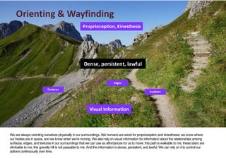 Orienting	&	Wayfinding
Dense,	persistent,	lawful
Visual	Information
Surfaces
Edges
Textures
Proprioception,	Kinesthesia	
W...