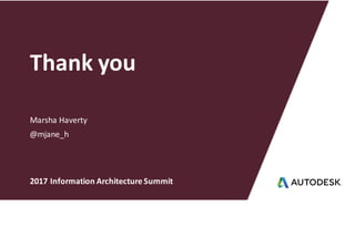 Marsha	Haverty
Thank	you
@mjane_h
2017	Information	Architecture	Summit
 