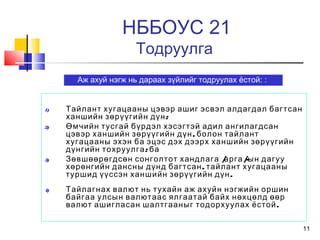11
НББОУС 21
Тодруулга
1) Тайлант хугацааны цэвэр ашиг эсвэл алдагдал багтсан
:ханшийн зөрүүгийн дүн
2) Өмчийн тусгай бүрдэл хэсэгтэй адил ангилагдсан
,цэвэр ханшийн зөрүүгийн дүн болон тайлант
хугацааны эхэн ба эцэс дэх дээрх ханшийн зөрүүгийн
:дүнгийн тохруулга ба
3) / /-Зөвшөөрөгдсөн сонголтот хандлага арга ын дагуу
,хөрөнгийн дансны дүнд багтсан тайлант хугацааны
.туршид үүссэн ханшийн зөрүүгийн дүн
4) Тайлагнах валют нь тухайн аж ахуйн нэгжийн оршин
байгаа улсын валютаас ялгаатай байх нөхцөлд өөр
.валют ашигласан шалтгааныг тодорхуулах ёстой
Аж ахуй нэгж нь дараах зүйлийг тодруулах ёстой: :
 