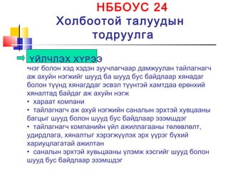 НББОУС 24
Холбоотой талуудын
тодруулга
ҮЙЛЧЛЭХ ХҮРЭЭ
•нэг болон хэд хэдэн зуучлагчаар дамжуулан тайлагнагч
аж ахуйн нэгжийг шууд ба шууд бус байдлаар хянадаг
болон түүнд хянагддаг эсвэл түүнтэй хамтдаа ерөнхий
хяналтад байдаг аж ахуйн нэгж
• хараат компани
• тайлагнагч аж ахуй нэгжийн саналын эрхтэй хувцааны
багцыг шууд болон шууд бус байдлаар эзэмшдэг
• тайлагнагч компанийн үйл ажиллагааны төлөвлөлт,
удирдлага, хяналтыг хэрэгжүүлэх эрх үүрэг бүхий
хариуцлагатай ажилтан
• саналын эрхтэй хувьцааны үлэмж хэсгийг шууд болон
шууд бус байдлаар эзэмшдэг
 