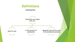 Definitions
Inventories are assets
that are:
Held for sale
In the process of
production
Materials that will be used
in the production process
Inventories:
 