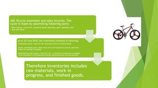 ABC Bicycle assembles and sales bicycles. The
cycle is made by assembling following parts:
• Bike frames, front fork, standard wheel assembly, gear assembly, and
dual pad seats
As on 30 June 2018, the inventories consisted of following:
•Assembled cycles, ready for sale- generally known as finished goods
•Partly assembled cycles- these were still in the production process; generally
known as working in progress
•Materials like bike frames, front fork, etc.- in the form of materials or supplies
to be consumed in the production process; generally known as raw materials
Therefore inventories includes
raw materials, work in
progress, and finished goods.
 