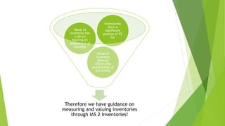 Therefore we have guidance on
measuring and valuing inventories
through IAS 2 Inventories!
Value of
inventory
directly
affects the
profitability of
the entity
Value of
inventory has
a direct
bearing on
assessment of
liquidity
Inventories
form a
significant
portion of FS
for
 
