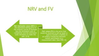 NRV and FV
Net realizable value (NRV) is
the estimated selling price in
the ordinary course of business
less the estimated costs of
completion and the estimated
costs necessary to make the
sale. [2.6]
Fair value (FV) is the price that
would be received to sell an asset or
paid to transfer a liability in
an orderly transaction between
market participants at a
measurement date. [See IFRS 13]
 
