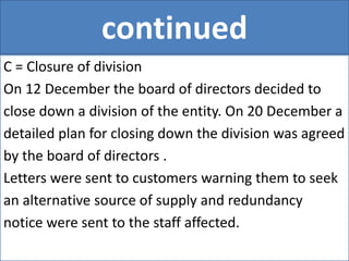 continued
C = Closure of division
On 12 December the board of directors decided to
close down a division of the entity. On 20 December a
detailed plan for closing down the division was agreed
by the board of directors .
Letters were sent to customers warning them to seek
an alternative source of supply and redundancy
notice were sent to the staff affected.
 