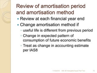 Review of amortisation period and amortisation methodReview at each financial year endChange amortisation method if useful life is different from previous periodChange in expected pattern of consumption of future economic benefitsTreat as change in accounting estimate per IAS81/17/201010IAS 38 Intangible Asset Part Two