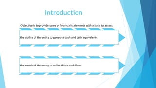 Introduction
Objective is to provide users of financial statements with a basis to assess:
the ability of the entity to generate cash and cash equivalents
the needs of the entity to utilize those cash flows
 