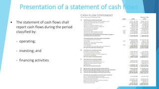 Presentation of a statement of cash flows
• The statement of cash flows shall
report cash flows during the period
classified by:
- operating;
- investing; and
- financing activities
 