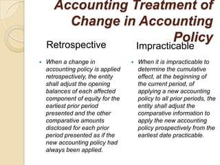 Accounting Treatment of
         Change in Accounting
    Retrospective
                       Policy
                                       Impracticable
   When a change in                  When it is impracticable to
    accounting policy is applied       determine the cumulative
    retrospectively, the entity        effect, at the beginning of
    shall adjust the opening           the current period, of
    balances of each affected          applying a new accounting
    component of equity for the        policy to all prior periods, the
    earliest prior period              entity shall adjust the
    presented and the other            comparative information to
    comparative amounts                apply the new accounting
    disclosed for each prior           policy prospectively from the
    period presented as if the         earliest date practicable.
    new accounting policy had
    always been applied.
 