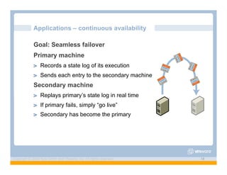 Applications – continuous availability

             Goal: Seamless failover
             Primary machine
             ! "   Records a state log of its execution
             ! "   Sends each entry to the secondary machine
             Secondary machine
             ! "   Replays primary’s state log in real time
             ! "   If primary fails, simply “go live”
             ! "   Secondary has become the primary




Copyright © 2009 Kyle Smith and VMware, Inc. All rights reserved.   18
 