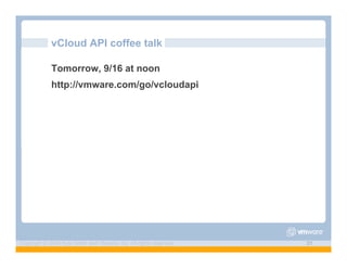 vCloud API coffee talk

             Tomorrow, 9/16 at noon
             http://vmware.com/go/vcloudapi




Copyright © 2009 Kyle Smith and VMware, Inc. All rights reserved.   31
 