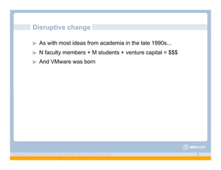 Disruptive change

             ! "   As with most ideas from academia in the late 1990s...
             ! "   N faculty members + M students + venture capital = $$$
             ! "   And VMware was born




Copyright © 2009 Kyle Smith and VMware, Inc. All rights reserved.           8
 