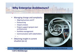 Why Enterprise Architecture?


• Managing change and complexity:
    – Aligning business and IT
    – Outsourcing
    – Impact analysis
    – Project support (project start
      architectures)
    – Portfolio management
    – Communication with stakeholders
    – …
• Obtaining insight in current
  situation (as-is)


  TOGAF is an instrument for producingFlickr using Enterprise Architecture
                                       and by neil nathanson
 