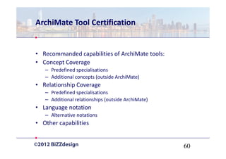 ArchiMate Tool Certification


• Recommanded capabilities of ArchiMate tools:
• Concept Coverage
   – Predefined specialisations
   – Additional concepts (outside ArchiMate)
• Relationship Coverage
   – Predefined specialisations
   – Additional relationships (outside ArchiMate)
• Language notation
   – Alternative notations
• Other capabilities


                                                    60
 