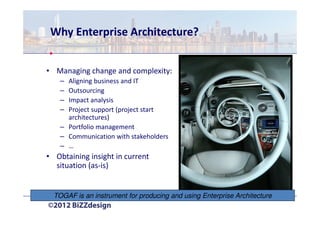 Why Enterprise Architecture?


• Managing change and complexity:
    – Aligning business and IT
    – Outsourcing
    – Im...