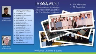 Distinguished Fellows
• Scott Ambler, IBM
• Len Bass, Carnagie Mellon
University/SEI
• Grady Booch, IBM
• Paul Clements, SEI/Carnagie
Mellon University
• Miriam Grace, Boeing
• Richard Hubert, Hubert &
Associates GmbH
• Max Poliashenko, CCH, a
Wolters Kluwer business
• Nick Rozanski, Marks and
Spencer
• Roger Sessions, ObjectWatch
• Oliver Sims, Sims Associates
• Jeff Tash, Flashmap Systems
• Eoin Woods
• Angela Yochem, Dell
 