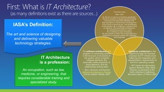 *Function: noun
Date: 1555
1 : the art or science of building; specifically :
the art or practice of designing and building
structures and especially habitable ones
2 a : formation or construction resulting from
or as if from a conscious act <the architecture
of the garden> b : a unifying or coherent form
or structure <the novel lacks architecture>
3 : architectural product or work
4 : a method or style of building
5 : the manner in which the components of a
computer or computer system are organized
and integrated
Enterprise architecture is the
organizing logic for business
processes and IT infrastructure
reflecting the integration and
standardization requirements of
the firm’s operating model.
- MIT Center for Information
Systems Research, Peter Weill,
Director, as presented at the
Sixth e-Business Conference,
Barcelona Spain, 27 March 2007
The software architecture of a
program or computing system
is the structure or structures of
the system, which comprise
software elements, the
externally visible properties of
those elements, and the
relationships among them.
- Bass, Clements, and Kazman.
Software Architecture in Practice
2nd ed, Addison-Wesley 2003
 