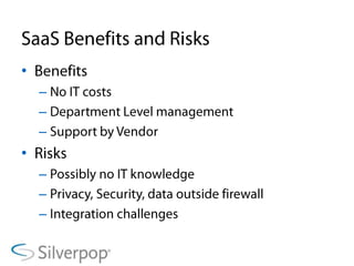 SaaS Benefits and RisksBenefitsNo IT costsDepartment Level managementSupport by VendorRisksPossibly no IT knowledgePrivacy, Security, data outside firewallIntegration challenges