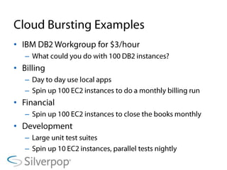 Cloud Bursting ExamplesIBM DB2 Workgroup for $3/hourWhat could you do with 100 DB2 instances?BillingDay to day use local appsSpin up 100 EC2 instances to do a monthly billing runFinancialSpin up 100 EC2 instances to close the books monthlyDevelopmentLarge unit test suitesSpin up 10 EC2 instances, parallel tests nightly